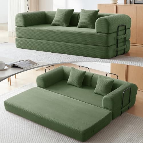 QQR Convertible Floor Sofa Bed with Fixed-Shape Frame, King Size Floor Sleeper 5-in-1 DIY Combination Modular Sofa, Modular Chenille Folding Mattress Couch for Living Room Bedroom Playroom (Green)