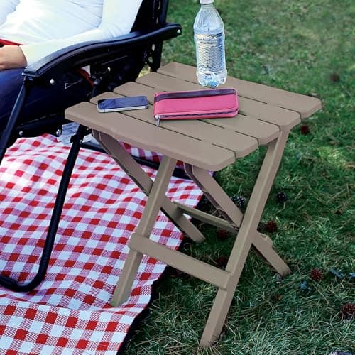 Camco Adirondack Portable Outdoor Camping Small Weatherproof Rustproof Durable Plastic Folding Side Table for Indoor and Outdoor Use, 2 Pack, Taupe 5
