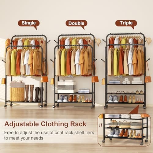 Furologee Clothes Racks for Hanging Clothes, Portable Rolling Garment Rack, Sturdy Metal Freestanding Cloths Racks with Wheels, Double Rods Wardrobe Rack for Bedroom Laundry Living Room 3