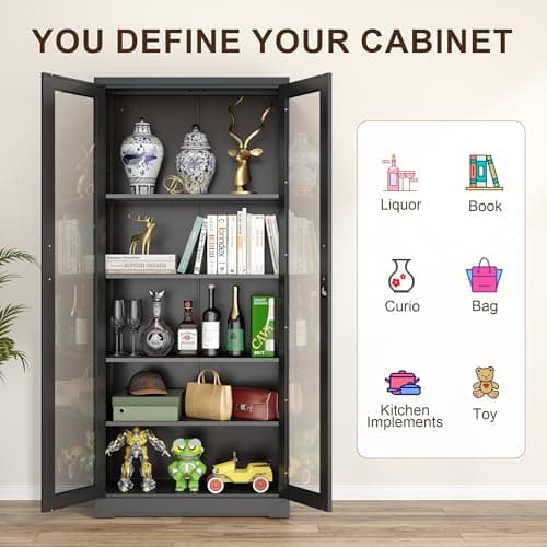 Curio Display Cabinet with Glass Doors,71”H Metal Display Case with 4 Adjustable Shelves - Black China Storage Cabinet for Collectibles, Trophies & Liquor - Locking Tall Glass Cabinet for Home 8