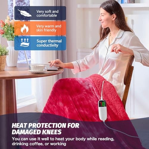 greenoak Heated Electric Blanket Throw, Faux Fur Sherpa Heating Blanket for Sofa Bed, Warm Winter Gifts for Mom/Grandma, Heater Lap Blankets 5-Position Timer &10 Heating Levels 50''*60" Red 5