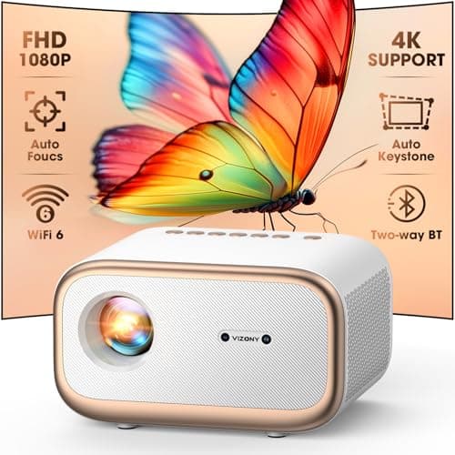 [Auto Focus/Keystone] Mini Projector with WiFi and Two-way Bluetooth, VIZONY Native 1080P Projector 4K Support w/50%Zoom/4P4D, Full Sealed, Portable Home Movie Projector (Gold White)