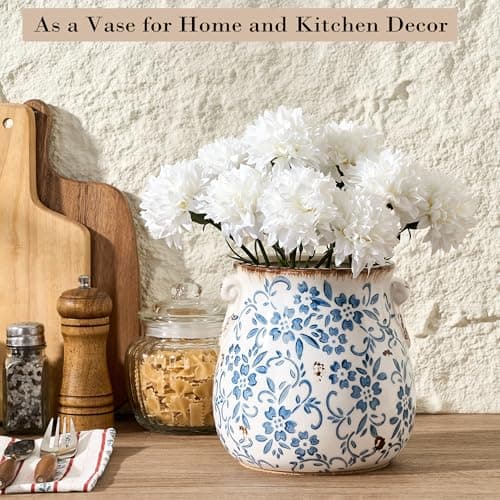 Utensil Holder for Kitchen Counter, Modern Farmhouse Rustic Cooking Utensil Holder and Crock, Exquisite Chinoiserie Floral Ceramic Utensil Organizer for Home Kitchen Decor- Blue and White Porcelain 6