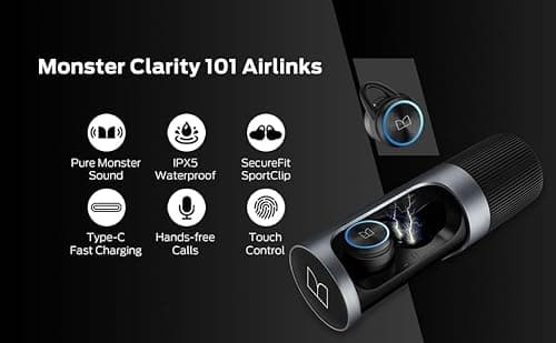 Monster Clarity 101 AirLinks Wireless Earbuds, Bluetooth 5.0 in-Ear Headphones with Charging Case, Stereo Earphones Deep Bass Sound, IPX5 Waterproof, Built-in Mic, Clear Call, Secure Fit for Sports 9