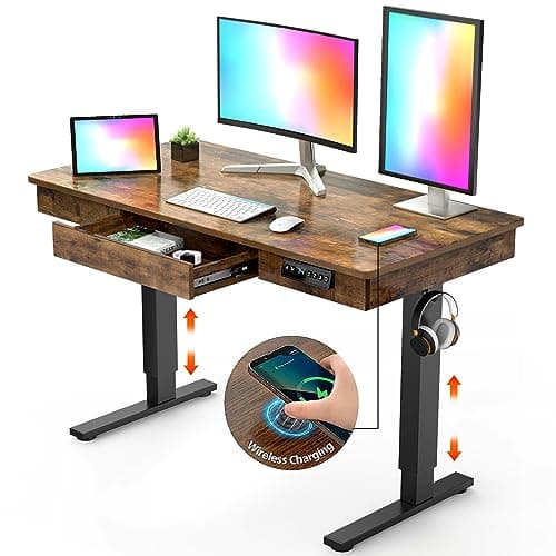 Yoimori Electric Standing Desk with Drawer,48 x 24 Inches Adjustable Height Desk with 12W Wireless Charging,One-Piece Wooden Desktop Sit Stand Up