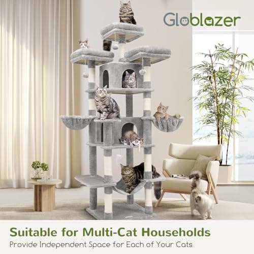 Globlazer Big Cat Tower for Indoor Cats, 80inch Cat Tower for Multiple Adult Cats XXL Cat Tree with Scratching Post, Hammock, 3 Perches, 2 Condos, 2 Hanging Basket, F80, Light Grey 7