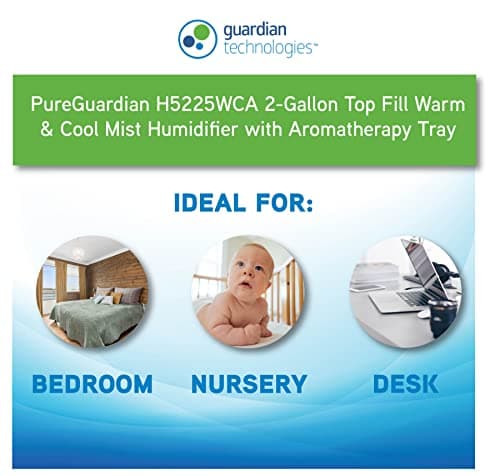 PureGuardian Top Fill Warm and Cool Mist Ultrasonic Humidifier, 560 Sq. Ft., 2 Gallon Tank, 100 Hour Runtime on Low, Filter-Free with Essential Oil Tray, 3 Speeds, Silver Clean Treatment, H5225WCA 6