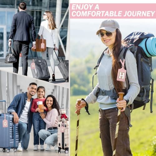 Personalized Initial Luggage Tags for Suitcases, Leather Chenille Letter Cute Luggage Tags with Privacy Name Card, Embroidered Travel Bag Backpack Tag Gifts for Women Kids Girls Teens(Pink-A) 7