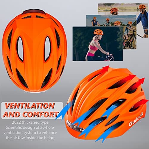 Gudook Bike Helmet Adult Helmets for Men/Women: with USB Rechargeable Front and Rear LED Light for Cycling Urban Commuter Casco para Bicicleta Lightweight Bicycle Helmet (Matte Orange, Large) 5