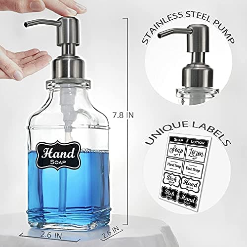 JASAI 2Pack Antique Design Glass Soap Dispenser with Rust Proof 304 Stainless Steel Pump, Refillable Hand Soap Dispenser with 10Pcs Stickers, Premium Soap Dispensers for Kitchen & Bathroom (Clear) 7