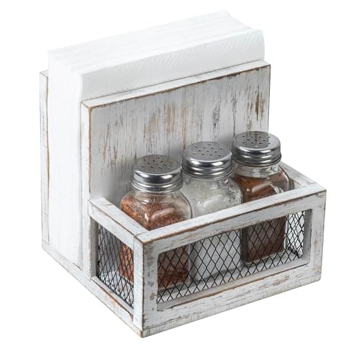 FARM IN Napkin Holder, Farmhouse Multifunctional Napkin Holder with Salt and Pepper Shakers Holder for Home and Commercial Use, Rustic Solid White Washed Wood & Diamond Metal Wire Mesh