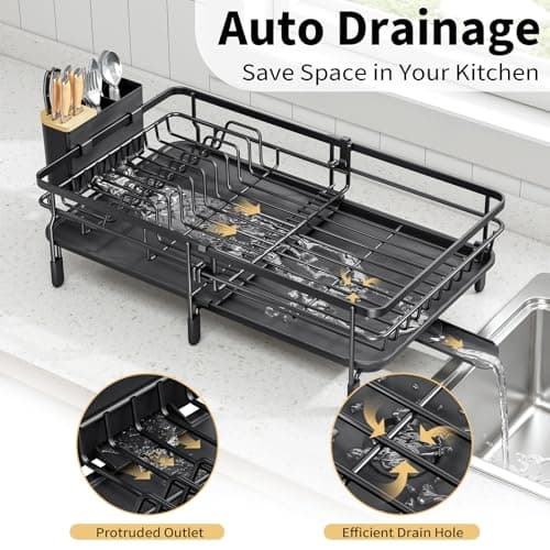 Expandable Dish Drying Rack for Kitchen Counter, Large Extendable Dish Rack with Bamboo Cover Cutlery Holder, Multifunctional Adjustable Dish Dryer Drainer 6