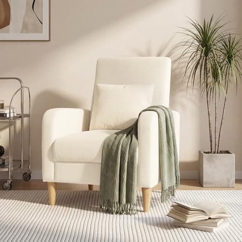 COLAMY Mid-Century Modern Upholstered Accent Chair with Back Pillow & Solid Wood Legs, Fabric Cozy Armchair for Living Room, Bedroom, Reading Nook, Apartment & Small Spaces, Beige 10