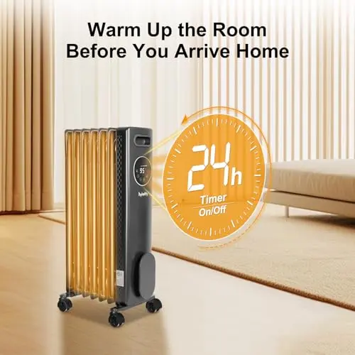 hykolity Electric Oil Filled Radiator, 1500W Portable Full Room Radiant Space Heater with Adjustable Thermostat, Remote, Led Display, Child Lock, Overheat & Tip-Over Protection, 24H Timer, Grey 7
