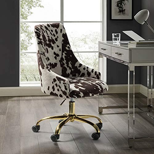 HULALA Home Upholstered Desk Chair Modern Armless Office Chair with Wheels, Adjustable Swivel Fabric Task Chair for Living Room, Bedroom, Vanity Room(Gold Base, Cowhide)