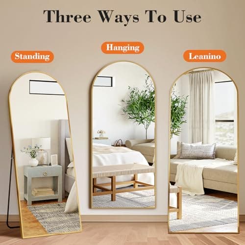 DUMOS 63.6"x20.6" Arched Full Length Mirror with Stand Floor Free Standing Aluminum Frame for Bedroom Body Hanging Leaning Modern Simple Home Decor Shatter-proorf Nano Glass Wall, Gold-Rounded 5