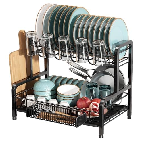 BOOSINY 2 Tier Black Large Stainless Steel Dish Drainers Drying Rack for Kitchen Counter with Drainboard, Rust Proof Metal, Space Saving, Modern Aesthetic, Compact Plates Strainers