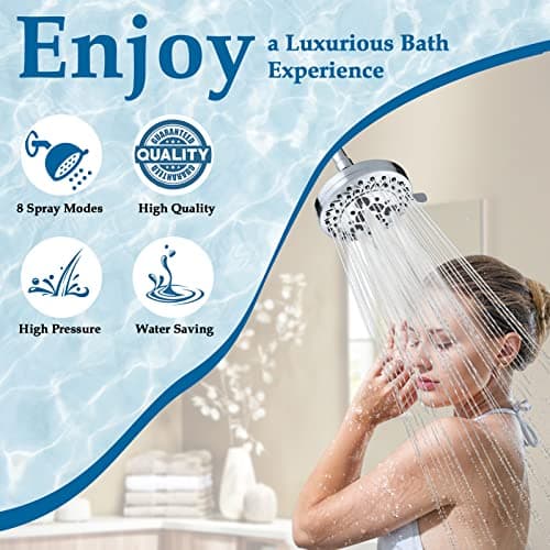 Aiscsc 8 Spray Modes Shower Head, 5 Inch High Pressure Shower Heads with 62 Anti-Clogging Nozzles and Adjustable Brass Ball Joint, Chrome Finish, Replacement for Bathroom Showerhead 7
