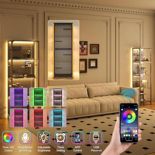 Saudism Glass Display Shelf for Collectibles, LED Black Shelf, Curio Cabinet, Lighted Tall Narrow Shelf with Pegboard Steel Frame for Gaming Room, Floor Lamp with Shelves, Living Room, Bedroom, Large 5