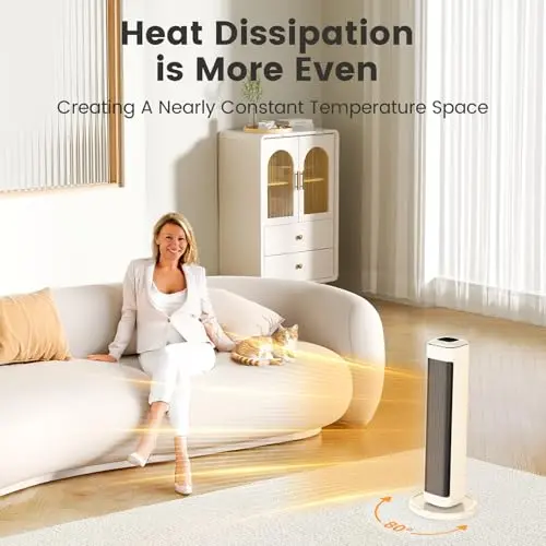 25" Space Heaters For Indoor Use Large Room, Electric Heaters For Indoor Use with Thermostat, Oscillating Room Heaters with Timer, Remote Control, Overheat Protection Tower Heater for Bedroom (Beige) 7