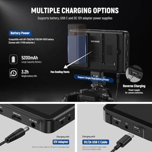 NEEWER F700 7" Camera Field Monitor, 2000nit HD 1920x1080 IPS Touch Screen with 3D LUT, 4K HDMI Loop in/Out with Peak Focus DSLR Video Assist HDR Waveform, Cold Shoe Mount, 5200mAh Battery & Cable 8