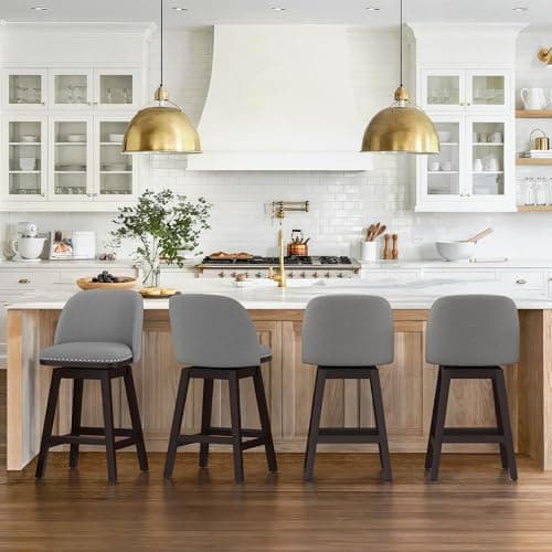 Cozyman Swivel bar stools Set of 3, 26" Performance Fabric Upholstered Counter Height Bar Stools with Back, Solid Wood Legs with footrest, Retro Nailhead Trim Barstools for Kitchen Island, Grey 5