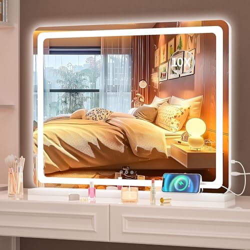 Hasipu Vanity Mirror with Lights, 22.8" x 18" LED Makeup Mirror, Lighted Makeup Mirror with Dimmable 3 Modes, Touch Screen Control Vanity Mirror Round White 8