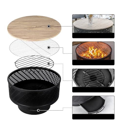 OutVue 26" Wood Burning Fire Pits with Grill & Lid, Fire Pit Table for Outside with Waterproof Cover & Fire Poker, Outdoor Firepit with Functions for BBQ,Table and Bonfire 5
