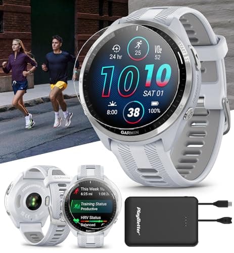 PlayBetter Garmin Forerunner 965 (Whitestone/Gray) Running & Triathlon GPS Smartwatch Bundle - Bright AMOLED Display, Lightweight, 31-Hour Battery - Includes Screen Protectors & Portable Charger
