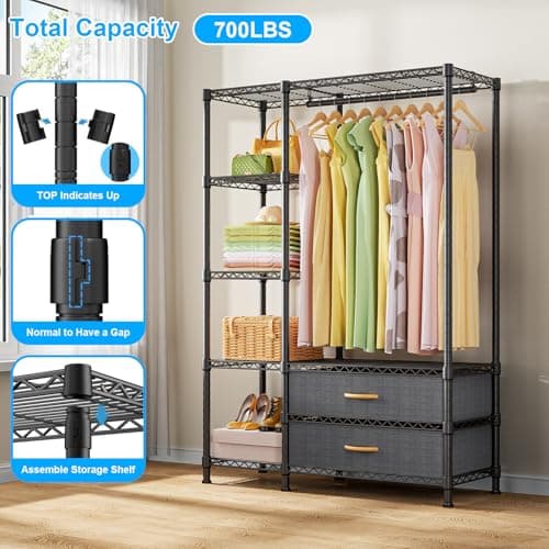 Ulif F3 Heavy Duty Clothes Rack（With Fabric Drawers）Freestanding Clothing Racks for Hanging Clothes，Adjustable Closet Organizer System，Portable Garment Rack 40" W x 15" D x 72" H，Max Load 700LBS，Black 5