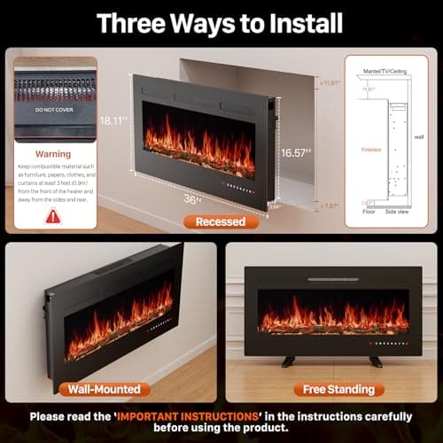 Sweetcrispy 36" Electric Fireplace Wall Mounted or Recessed Insert, 1500W/750W Freestanding Fireplaces Heater with Remote Control,13 Adjustable Flame Color, 12H Timer, Touch Screen 6