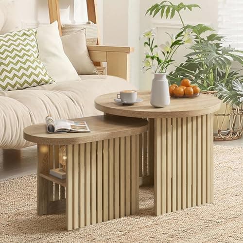 Fsbecl Round Coffee Table, Nesting Coffee Table Set of 2, Modern Coffee Table with Fluted Panel and Storage Shelf, Nesting Tables for Living Room (Natural)
