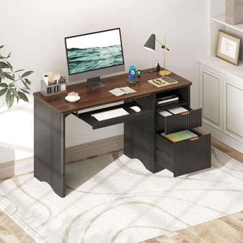 Bestier Computer Desk with Keyboard Tray, 55 inch Office Desk with Power Outlet, Modern Home Office Desk with File Drawer (Walnut with Black, 55" W with Single-Sided Drawers) 7
