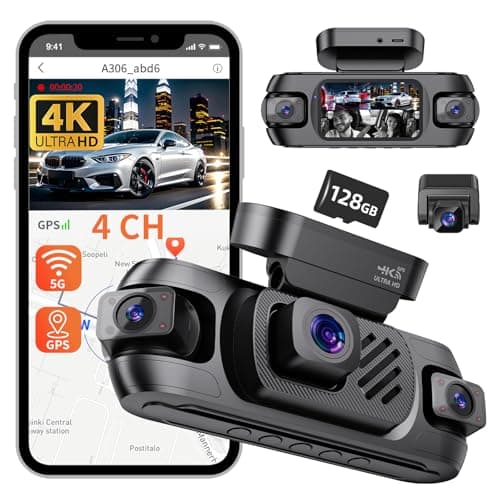 4K 4 Channel Dash Cam Front and Rear, 360°View Dash Camera for Cars with GPS, G-Sensor, 5G WiFi, Loop Recording, App Control, 8 Lamps IR Night Vision, 24/7 Parking Mode, 128G Card