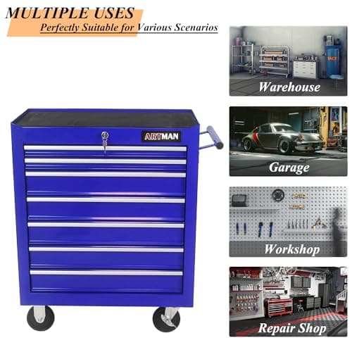 lunhung 7-Drawer Metal Rolling Tool Chest with Wheels,Tool Storage Cabinet with Locking System,Multifunctional Tool Cart with Wheels for Garage, Warehouse, Workshop, Repair Shop (Blue) 5