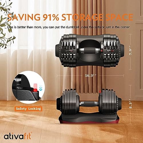 ATIVAFIT Adjustable Dumbbell Set with Storage Box, 12-in-1 Quick Dial Free Weights with Safety Lock & Anti-Slip Steel Handle, Home Gym Equipment for Strength Training (66LBS Pair) 6