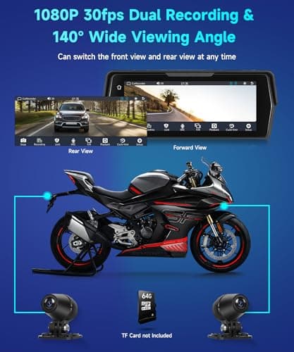 Motorcycle Front+Rear Dash Cam,6.86 inch IPS 1280x480P Touch Screen,1080P Motorcycle Camera DVR,Wireless Carplay&Android Auto,GPS,IP67 Waterproof,120°Wide,Bluetooth5.0,TF,PhoneLink for Motorbike 8