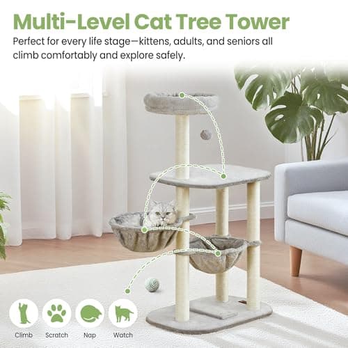 Small Cat Tree Tower with Lots of Scratching Posts - 42 Inch Medium Compact Cats Scratch House with Hammock Perch for Multi Level 2 Kitty - Indoor Corner Cat Bed Condo Climbing Gym Towers Furniture 6