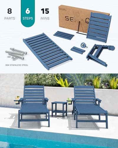 SERWALL Patio Chaise Lounge Chair Set of 2, 78'' Long 5-Positions Adjustable HDPE Outdoor Lounger for Pool, Poly Lounge Chair with Rolling Wheels & Cup Holder for Poolside, Deck, Blue 6