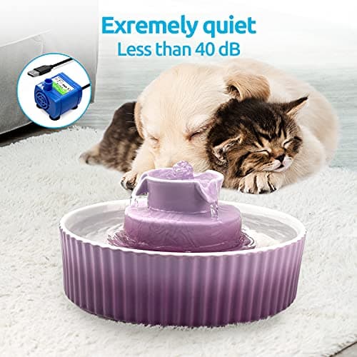 VinDox 2.1L Ceramic Cat Water Fountain-for Cats and Dogs, 360 Ceramic Pet Fountain-70 Oz Large Water Capacity - Whisper-Quiet Water Flow-Great for Shy or Timid Pets - Fresh, Filtered Water(Purple) 5