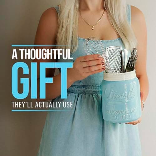 Comfify Wide Mouth Mason Jar Utensil Holder Decorative Kitchenware Organizer Crock, Dishwasher Safe - Kitchen Caddy Aqua Blue for Countertop, Large Size 7" Hight 7