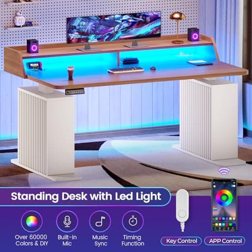 SEDETA Standing Desk with Storage, 55" Fluted Stand Up Desk with Power Outlets & LED Lights, Height Adjustable Table with Monitor Shelf for Home Office, Gaming, Brown + White 8