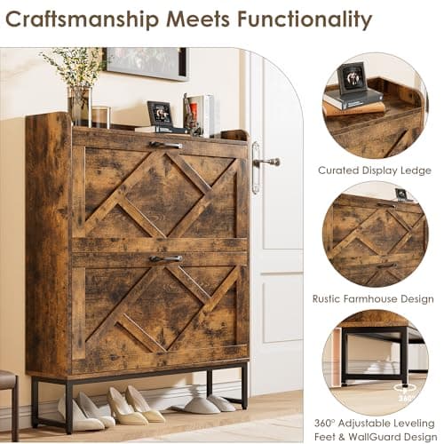 Nicetree Shoe Cabinet Organizer with 2 Flip Drawers, Freestanding Narrow Rack with Metal Legs, Farmhouse Slim Shoe Storage for Entryway, Foyer, Hallway, Rustic Brown 6