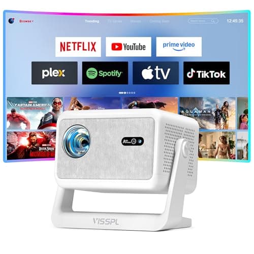 【Compatible with Netflix & Auto focus 】VISSPL Smart Projector with WiFi and Bluetooth, Auto Focus & Keystone Protable Mini Projector with Stand, 4K Home Theater Projector