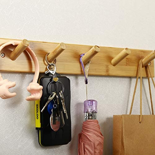 SKOLOO Wooden Wall Mounted Coat Rack,16'' Hole to Hole, 5 Pegs Bamboo Wall Hook for Hanging Clothes Robes Towels Hats,Natural Gold 6