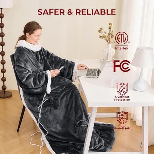 JOLLYVOGUE Wearable Heated Blanket - Heating Electric Blanket with Sleeves & Foot Pocket, Heated Throw for Adult, Birthday Gifts with 7 Heat Settings & fixed 4h Auto Shut-off (50*70 Inch, Dark Grey) 6