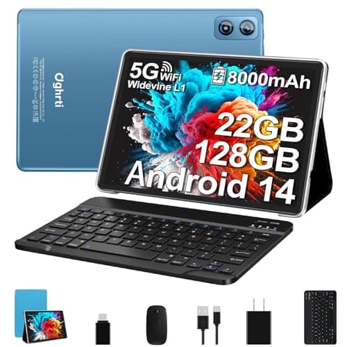 Dghrti 2025 Android 14 Tablet 10 inch, 22G RAM+128G ROM/1TB Expansion, 8000 mAh Battery, Octa-Core, 1280 * 800 IPS HD Screen, Face Unlock, Widevine L1, 2 in 1 Tablet with Keyboard Mouse - Metal Blue