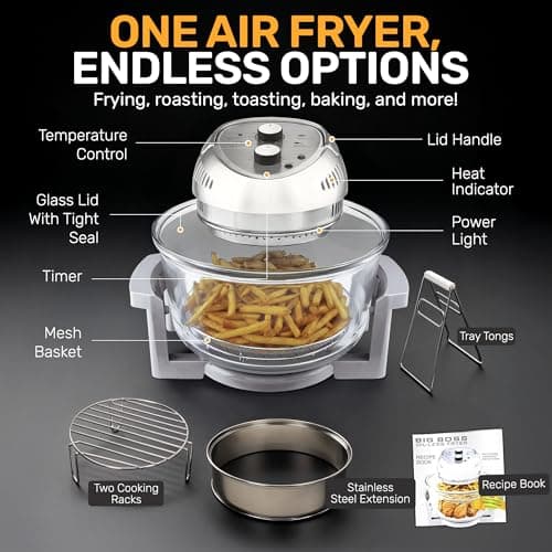 Big Boss Air Fryer Oil Less Air Fryer Super Sized 16 Quart 1300W Large Air Fryer Oven, Infrared Convection Healthy Meal Electric Cooker Operation with Timer, Dishwasher Safe & 50+ Recipe Book-Graphite 8
