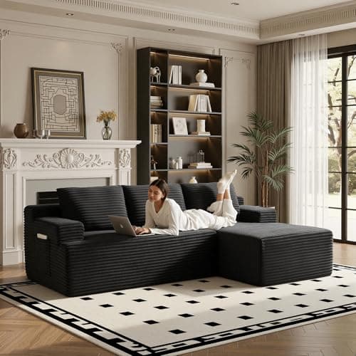 96" Sectional Couches for Living Room Cloud Couch Sofa with L-Shape Upholstered Boneless Couchs Modern Modular Sectional Couch with Chaise (Black, 96" W+Right Facing Chaise+2Seaters) 8