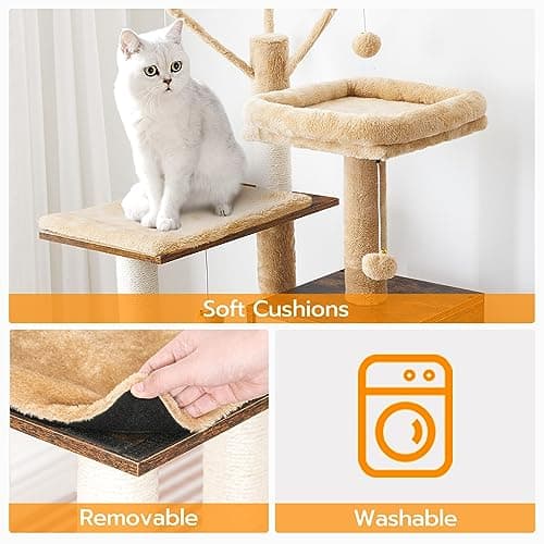 HOOBRO Cat Tree, 58.3 Inches Cat Tower for Indoor Cats, Wooden Cat House with 2 Cat Hammocks, Modern Cat Condo with Cat Scratching Posts, Cat Teaser Sticks, Soft Perches, Rustic Brown FG48CT03 6